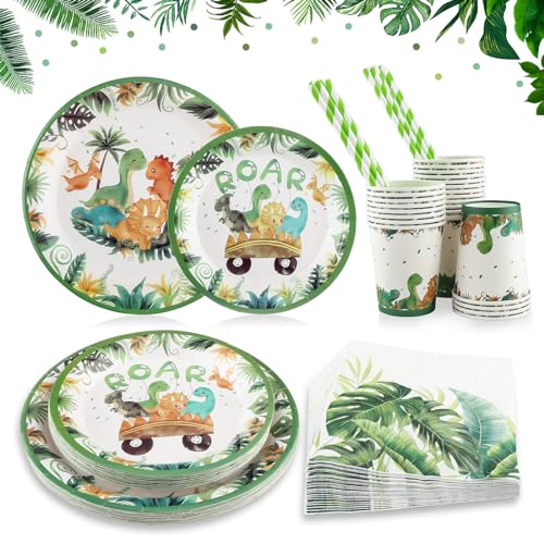 Partygeschirr, Mezzar Dino Geburtstagsdeko Set für Kindergeburtstag Party Baby Shower Weihnachts Jungen Mädchen mit Pappteller ​Papier Becher Gabel Servietten und Strohhalme (24 Gäste) von Mezzar