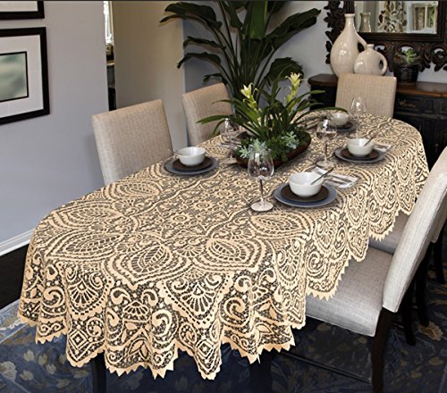 Große Tischdecke mit Spitze, oval oder rund, Weiß oder Beige, hochwertig, beige, 140cm x 290cm (55" x 114") Oval von MforStyle