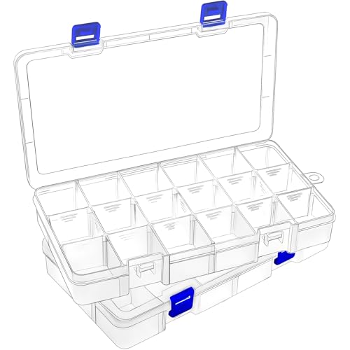 Mgood 2 Stück 18 Gitter transparente Sortierboxen für Kleinteile, Einstellbar Fächer Sortimentskasten Schmuck Organizer Box, für Ohrringen,Perlen,Aufbewahrung,Büromaterial,Angelausrüstung,Schrauben von Mgood