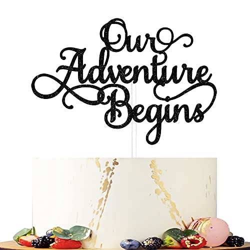 Our Adventure Begins Cake Topper, Adventure Cake Topper, Hochzeitstorte Topper, Verlobung Cake Topper, Baby Shower Cake Topper, Rustikale Party Kuchen Dekoration Supplies Schwarz von Mi Bautizo