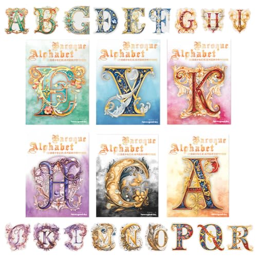 6 Stück Barock Alphabet Scrapbook Sticker Sets, Klebebuchstaben Ephemeras, Wasserfeste Buchstaben Sticker für Scrapbooking DIY Basteln Journaling von MiOYOOW