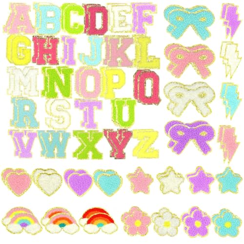 Buchstaben Aufnäher A–Z, 98 Stück Selbstklebende Bestickte Aufnäher mit Buchstaben, Schleife, Stern, Blumen, Herz, Beleuchtung, Regenbogen, Süße Alphabet Patches zum DIY Kleidung Hüten Rucksäcken von MiOYOOW