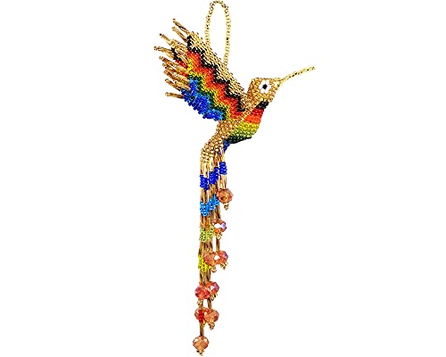 Kolibri Hängende Figur Ornament Tschechische Glas Rocailles Fransen Schwanz baumelt – Handgefertigte Geschenke Geist Tier Boho Zubehör (Gold/Regenbogen) von Mia Jewel Shop