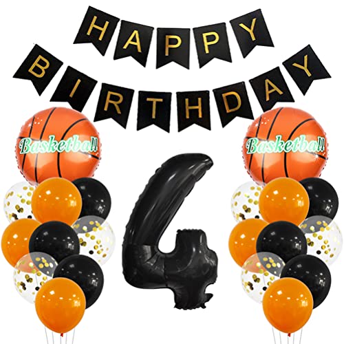 4 Jahr Kindergeburtstag Deko Set Happy Birthday Banner Großes Basketball Luftballon Dekorationen Zahl 4 FolienBallon Orange Schwarz Ballon für Kinder Basketball Themenfeier Party Geburtstagsdeko von MiaLover