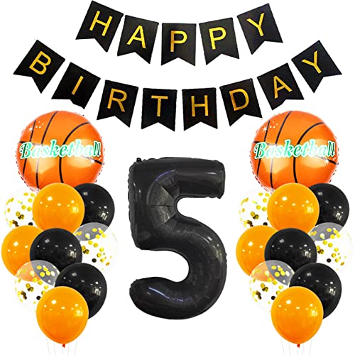 5 Jahr Kindergeburtstag Deko Set Happy Birthday Banner Großes Basketball Luftballon Dekorationen Zahl 5 FolienBallon Orange Schwarz Ballon für Kinder Basketball Themenfeier Party Geburtstagsdeko von MiaLover