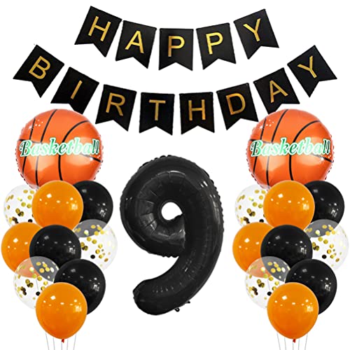 9 Jahr Kindergeburtstag Deko Set Happy Birthday Banner Großes Basketball Luftballon Dekorationen Zahl 9 FolienBallon Orange Schwarz Ballon für Kinder Basketball Themenfeier Party Geburtstagsdeko von MiaLover