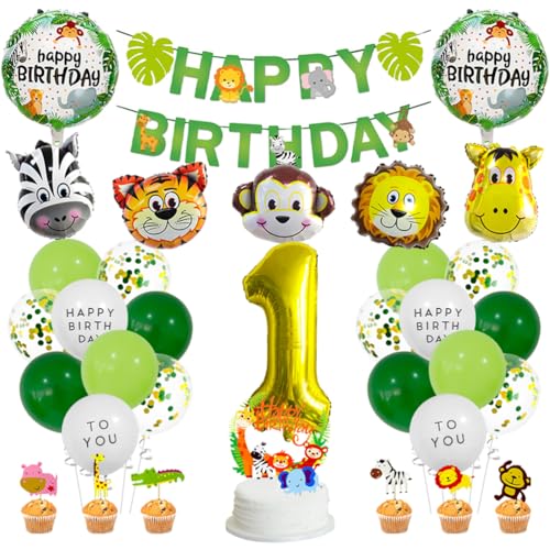 MiaLover 1 Jahre Dschungel Geburtstag Dekoration Set Happy Birthday Banner Safari Wald Tier Latexballon Folienballon Tortendekoration für Deko Junge Mädchen 1. Geburtstag Dschungel Baby Shower von MiaLover