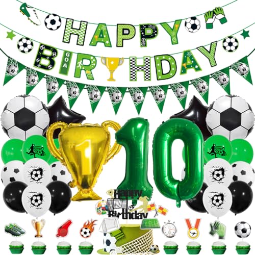 MiaLover 10 Jahr Geburtstag Dekoration Set Fussball Luftballon Latexballon Happy Birthday Banner Trophäe Folienballon Tortendekoration für 10.Geburtstag Fußball Themen Party Deko von MiaLover