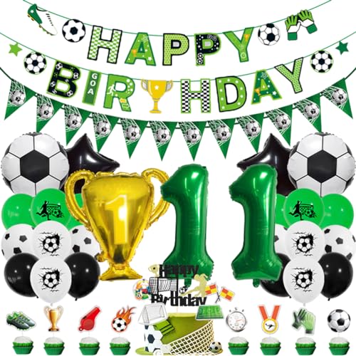 MiaLover 11 Jahr Geburtstag Dekoration Set Fussball Luftballon Latexballon Happy Birthday Banner Trophäe Folienballon Tortendekoration für 11.Geburtstag Fußball Themen Party Deko von MiaLover