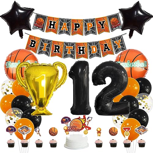 MiaLover 12 Jahr Geburtstag Dekoration Set Happy Birthday Banner Trophäe Folienballon Basketball Luftballon Latexballon Tortendekoration für 12.Geburtstag Basketball Themen Party Deko von MiaLover