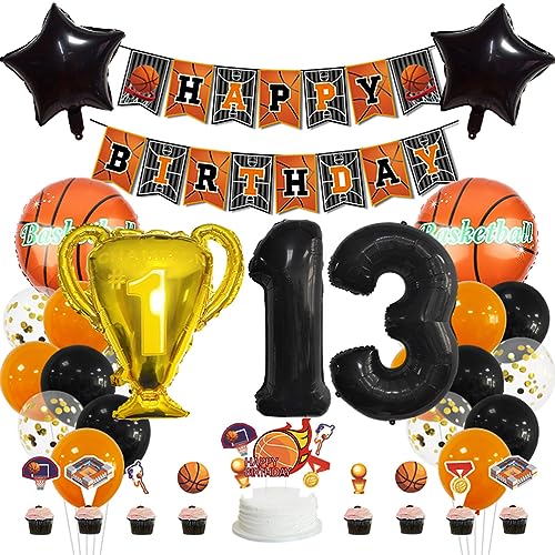 MiaLover 13 Jahr Geburtstag Dekoration Set Happy Birthday Banner Trophäe Folienballon Basketball Luftballon Latexballon Tortendekoration für 13.Geburtstag Basketball Themen Party Deko von MiaLover