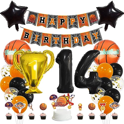 MiaLover 14 Jahr Geburtstag Dekoration Set Happy Birthday Banner Trophäe Folienballon Basketball Luftballon Latexballon Tortendekoration für 14.Geburtstag Basketball Themen Party Deko von MiaLover