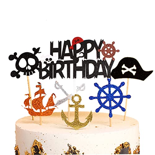 MiaLover 14 Stück Pirate Tortenstecker Piraten Kuchendeckel Happy Birthday Cake Toppers Set Schädel Anker Ruderscheibe Kuchen Topper Cupcake für Kinder Mädchen Junge Halloween Party Muffin Deko von MiaLover