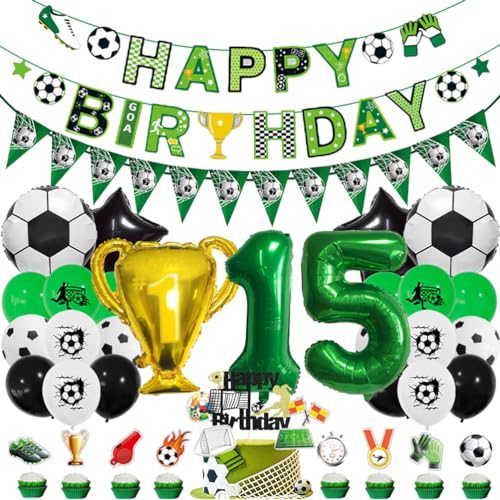 MiaLover 15 Jahr Geburtstag Dekoration Set Fussball Luftballon Latexballon Happy Birthday Banner Trophäe Folienballon Tortendekoration für 15.Geburtstag Fußball Themen Party Deko von MiaLover