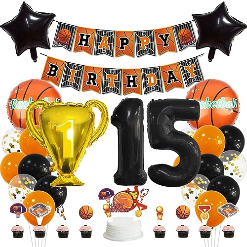 MiaLover 15 Jahr Geburtstag Dekoration Set Happy Birthday Banner Trophäe Folienballon Basketball Luftballon Latexballon Tortendekoration für 15.Geburtstag Basketball Themen Party Deko von MiaLover