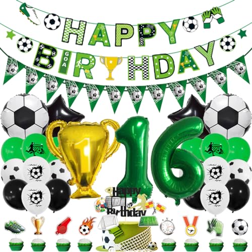 MiaLover 16 Jahr Geburtstag Dekoration Set Fussball Luftballon Latexballon Happy Birthday Banner Trophäe Folienballon Tortendekoration für 16.Geburtstag Fußball Themen Party Deko von MiaLover