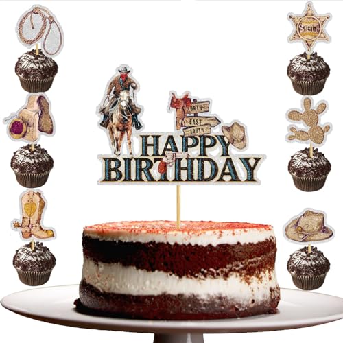 MiaLover 19Pcs Kuchen dekorieren Set Western Cowboy Themed Kuchen dekorieren 1 große Happy Birthday Cupcake und 18 Kuchen Topper für Kinder Junge Mädchen Geburtstag Party Zubehör von MiaLover