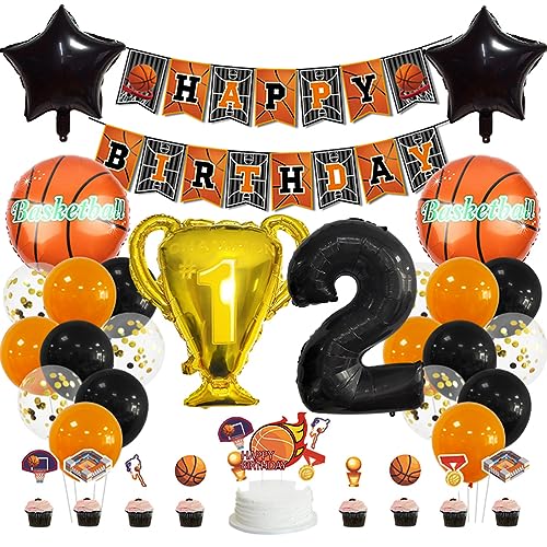 MiaLover 2 Jahr Geburtstag Dekoration Set Happy Birthday Banner Trophäe Folienballon Basketball Luftballon Latexballon Tortendekoration für 2.Geburtstag Basketball Themen Party Deko von MiaLover