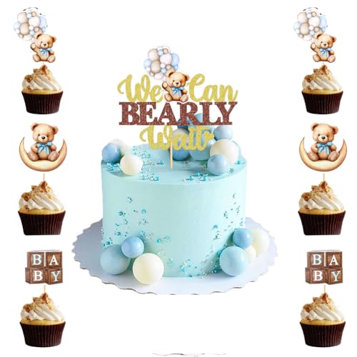 MiaLover 25 Stück Blau Bär Welcome Baby Topper Set Junge Babyparty Kuchen Tortendeko Süßer Baby-Bär Kuchendeko Baby Shower Boy Bär Kuchen Zubehör Tortendekoration Baby Taufe von MiaLover