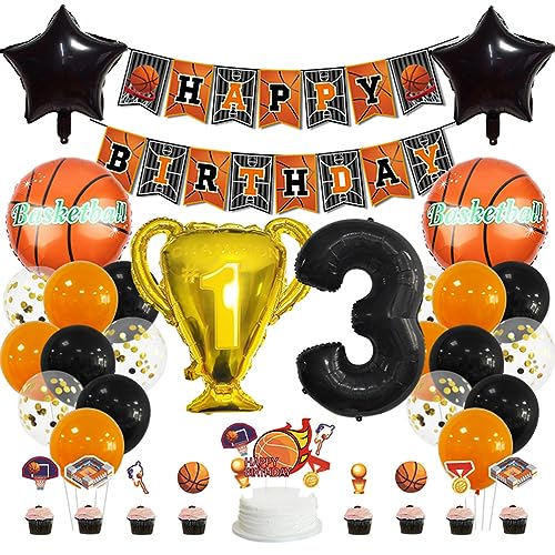 MiaLover 3 Jahr Geburtstag Dekoration Set Happy Birthday Banner Trophäe Folienballon Basketball Luftballon Latexballon Tortendekoration für 3.Geburtstag Basketball Themen Party Deko von MiaLover