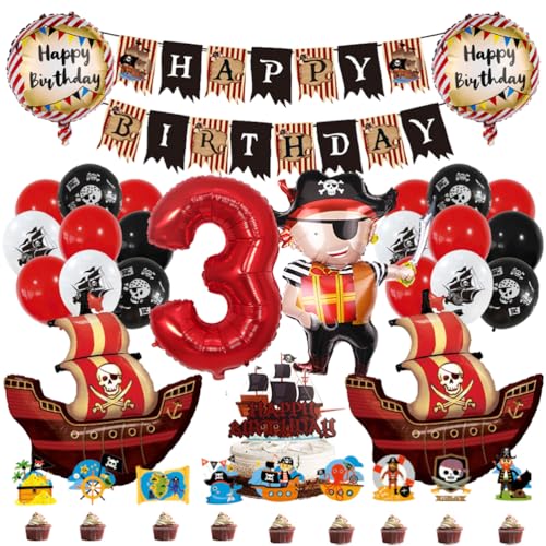 MiaLover 3 Jahr Pirate Geburtstag Dekoration Piratenthema Luftballon Latexballon Tortendekoration Cake topper Happy Birthday Banner für 3.Geburtstag Gothic Party Deko von MiaLover