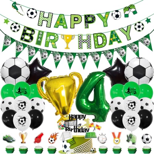 MiaLover 4 Jahr Geburtstag Dekoration Set Fussball Luftballon Latexballon Happy Birthday Banner Trophäe Folienballon Tortendekoration für 4.Geburtstag Fußball Themen Party Deko von MiaLover