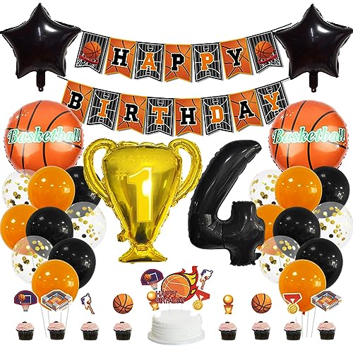 MiaLover 4 Jahr Geburtstag Dekoration Set Happy Birthday Banner Trophäe Folienballon Basketball Luftballon Latexballon Tortendekoration für 4.Geburtstag Basketball Themen Party Deko von MiaLover