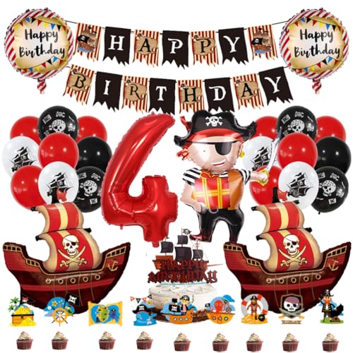 MiaLover 4 Jahr Pirate Geburtstag Dekoration Piratenthema Luftballon Latexballon Tortendekoration Cake topper Happy Birthday Banner für 4.Geburtstag Gothic Party Deko von MiaLover