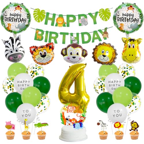 MiaLover 4 Jahre Dschungel Geburtstag Dekoration Set Happy Birthday Banner Safari Wald Tier Latexballon Folienballon Tortendekoration für Deko Junge Mädchen 4. Geburtstag Dschungel Baby Shower von MiaLover