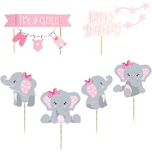 MiaLover 40 Stück Rosa Elephant Tortendeko Mädchen Babyparty Kuchen Topper Kuchendeko Baby Shower Girl Kuchen Topper Elefante Kuchen Zubehör Tortendekoration Baby Taufe von MiaLover