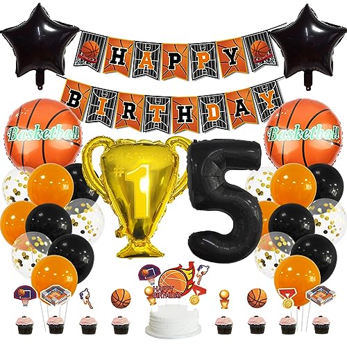 MiaLover 5 Jahr Geburtstag Dekoration Set Happy Birthday Banner Trophäe Folienballon Basketball Luftballon Latexballon Tortendekoration für 5.Geburtstag Basketball Themen Party Deko von MiaLover