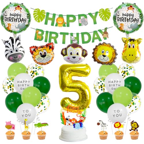 MiaLover 5 Jahre Dschungel Geburtstag Dekoration Set Happy Birthday Banner Safari Wald Tier Latexballon Folienballon Tortendekoration für Deko Junge Mädchen 5. Geburtstag Dschungel Baby Shower von MiaLover