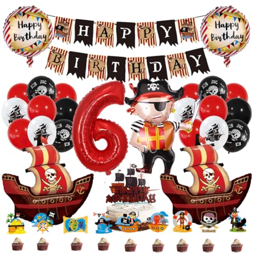 MiaLover 6 Jahr Pirate Geburtstag Dekoration Piratenthema Luftballon Latexballon Tortendekoration Cake topper Happy Birthday Banner für 6.Geburtstag Gothic Party Deko von MiaLover