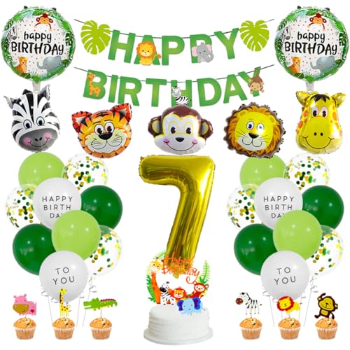 MiaLover 7 Jahre Dschungel Geburtstag Dekoration Set Happy Birthday Banner Safari Wald Tier Latexballon Folienballon Tortendekoration für Deko Junge Mädchen 7. Geburtstag Dschungel Baby Shower von MiaLover