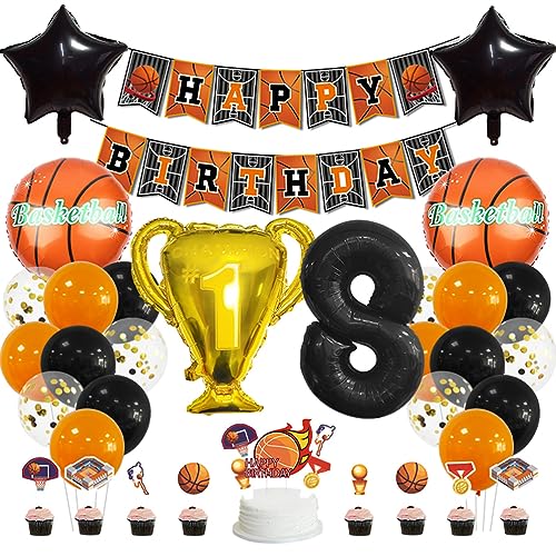 MiaLover 8 Jahr Geburtstag Dekoration Set Happy Birthday Banner Trophäe Folienballon Basketball Luftballon Latexballon Tortendekoration für 8.Geburtstag Basketball Themen Party Deko von MiaLover