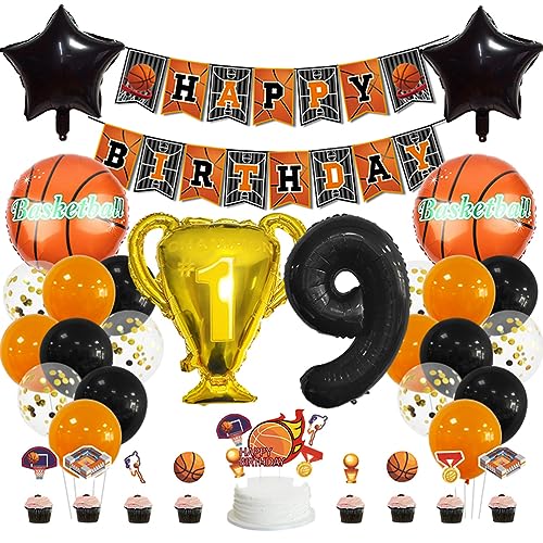 MiaLover 9 Jahr Geburtstag Dekoration Set Happy Birthday Banner Trophäe Folienballon Basketball Luftballon Latexballon Tortendekoration für 9.Geburtstag Basketball Themen Party Deko von MiaLover