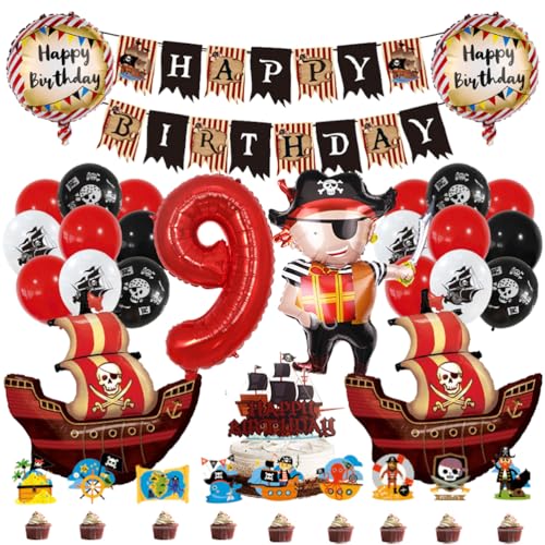 MiaLover 9 Jahr Pirate Geburtstag Dekoration Piratenthema Luftballon Latexballon Tortendekoration Cake topper Happy Birthday Banner für 9.Geburtstag Gothic Party Deko von MiaLover