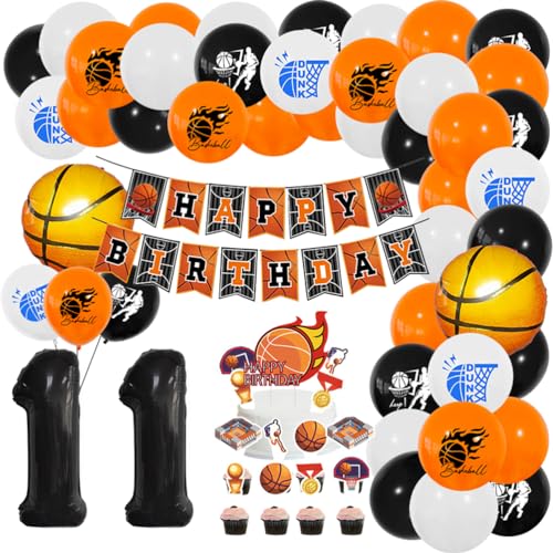 MiaLover Basketball Geburtstags-Set Zahl 11 Luftballon 11 Jahr Geburtstag Dekoration Ballongirlande Banner Großer Basketball Folienballon Latexballon Tortendekoration für Party Kindergeburtstag von MiaLover