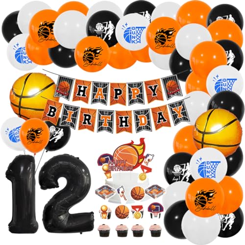 MiaLover Basketball Geburtstags-Set Zahl 12 Luftballon 12 Jahr Geburtstag Dekoration Ballongirlande Banner Großer Basketball Folienballon Latexballon Tortendekoration für Party Kindergeburtstag von MiaLover