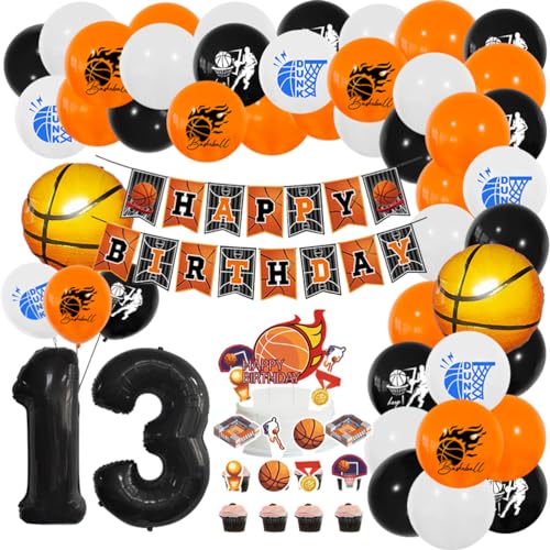 MiaLover Basketball Geburtstags-Set Zahl 13 Luftballon 13 Jahr Geburtstag Dekoration Ballongirlande Banner Großer Basketball Folienballon Latexballon Tortendekoration für Party Kindergeburtstag von MiaLover