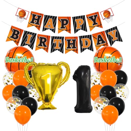 MiaLover Basketball-Thema 1.Geburtstag Dekoration Set Zahl 1 Luftballon 1 Jahr Geburtstag Dekoration Happy Birthday Banner Basketball Folienballon Luftballon Tortendekoration für Party Deko von MiaLover