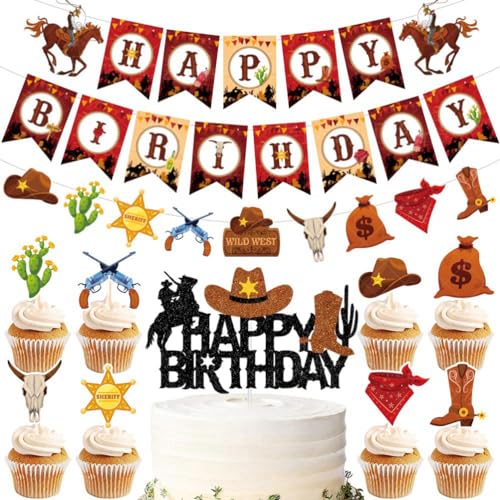 MiaLover Cowboy Party Dekorationen Set Happy Birthday Cowboy Thema Party Kit enthalten Happy Birthday Banner Ballons Cowboy Thema Cupcake Cake Topper für Kinder Jungen Erwachsene Geburtstag von MiaLover