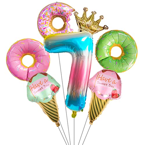 MiaLover Donut Geburtstag Dekoration Kit Donutfolie Ballons - 2x Eiscreme Folienballons +Zahl 7 Kronen-Zahlenballon+3x Donuts Aluminiumballons Kinder 7. Geburtstag Party Dekoration für Junge Mädchen von MiaLover