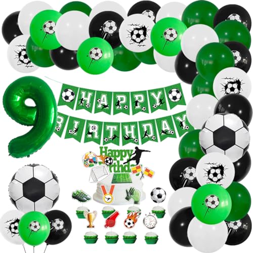 MiaLover Fußball Geburtstags-Set Zahl 9 Luftballon 9 Jahr Geburtstag Dekoration Ballongirlande Banner Großer Fußball Folienballon Latexballon Tortendekoration für Fussball Party Kindergeburtstag von MiaLover