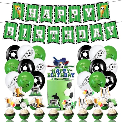 MiaLover Fußball Party Dekorationen Set Happy Birthday Fußball Thema Party Kit enthalten Happy Birthday Banner Ballons Fußball Thema Cupcake Cake Topper für Kinder Jungen Erwachsene Geburtstag von MiaLover