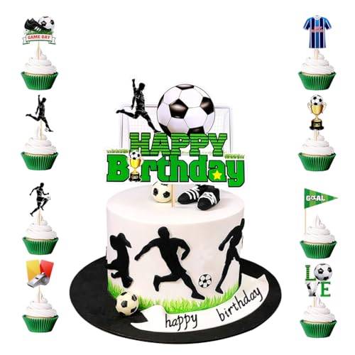 MiaLover Fußball Tortendekoration Kuchendeckel 1 groß Happy Birthday Cake Topper und 24 Stück Fußball-Themen Kuchendeckel Cupcake für Kinder Mädchen Junge Fußball Party Muffin Deko von MiaLover