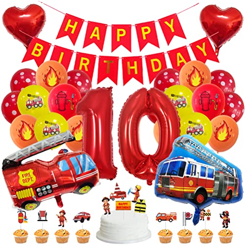 MiaLover Geburtstag Dekoration Set Happy Birthday Banner Folienballon 10.Geburtstag Luftballon Latexballon Feuerwehr Deko Cake Topper für Feuerwehrauto Themen Party Deko Birthday Decoration von MiaLover