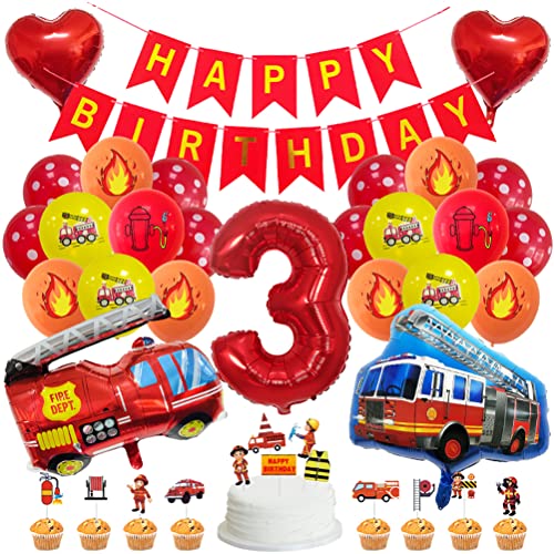 MiaLover Geburtstag Dekoration Set Happy Birthday Banner Folienballon 3.Geburtstag Luftballon Latexballon Feuerwehr Deko Cake Topper für Feuerwehrauto Themen Party Deko Birthday Decoration von MiaLover