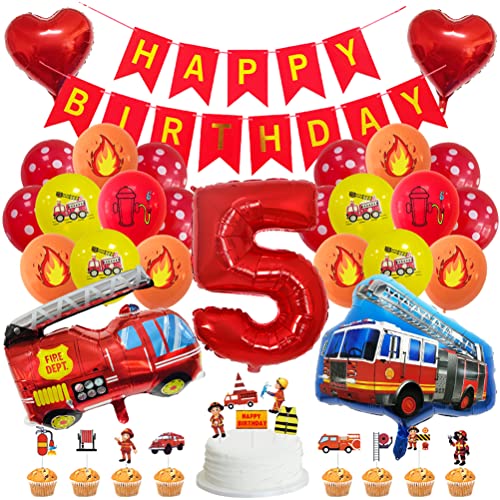 MiaLover Geburtstag Dekoration Set Happy Birthday Banner Folienballon 5.Geburtstag Luftballon Latexballon Feuerwehr Deko Cake Topper für Feuerwehrauto Themen Party Deko Birthday Decoration von MiaLover