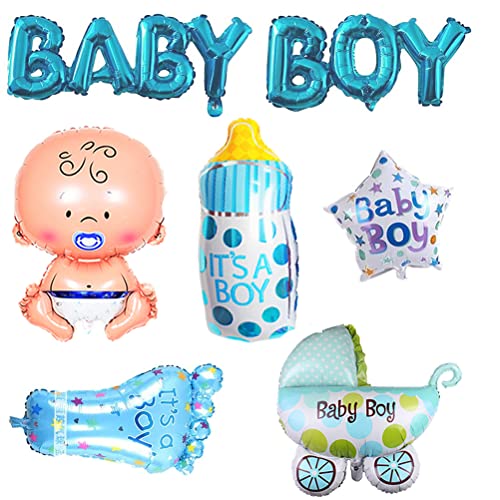 MiaLover Gender Reveal Party Dekoration Baby Dusche Party Deko Blau Baby Boy Ballon Junge Babyflasche Fußförmige Kinderwagen Helium Folienballon für Hochzeit Ankündigung Einer Schwangerschaft Gender von MiaLover